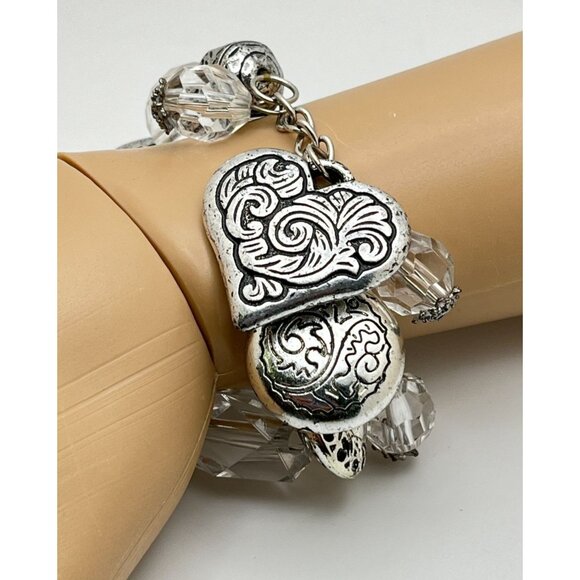 Silver Tone Chunky Charm Bracelet Beaded Heart Flowers Stretch - Picture 6 of 6